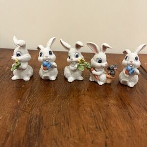 Vtg 5 1980's Lefton White Boy Girl Bunnies Bunny Easter Eggs Figurines #05443